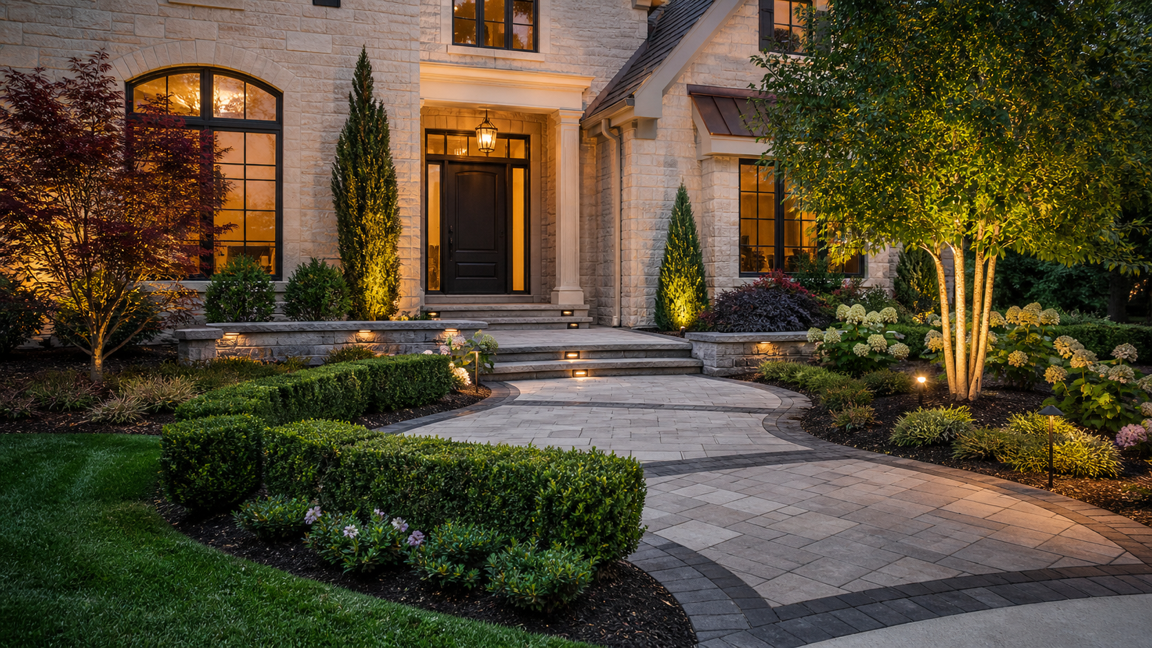 Stone-front house with illuminated front door and landscaped walkway leading to steps at dusk.