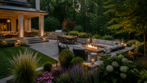 Luxurious backyard patio at dusk with a lit fire pit, cream outdoor sofa, and a dining area overlooking lush garden beds and trees.