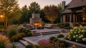 Elegant stone patio with an outdoor fireplace, cushioned seating, and lanterns in a landscaped garden at sunset.