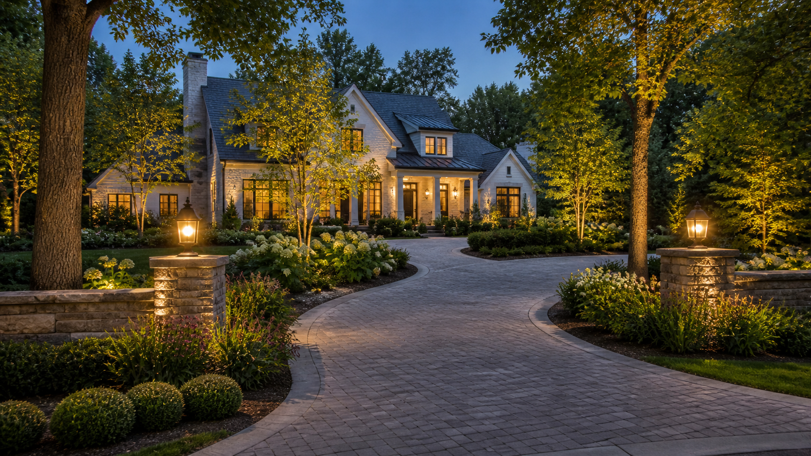 Evening view of a lit, white-brick estate with a curved brick driveway and lush landscaping.