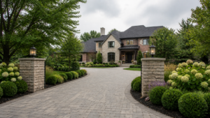 Elegant mansion with stone and brick facade at the end of a curved cobblestone driveway, surrounded by manicured shrubs and two lantern-lit pillars.