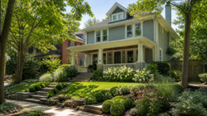 Two-story blue-gray house with a covered front porch, white columns, and stone accents, surrounded by lush landscaping and white hydrangeas in bloom.